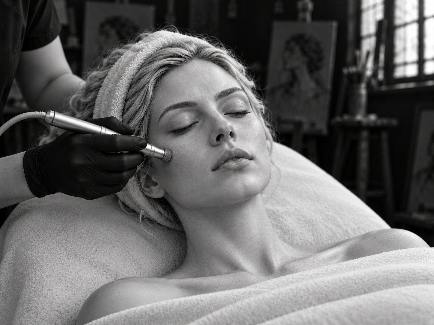 Black and white photo of a woman relaxing on a treatment table during a facial