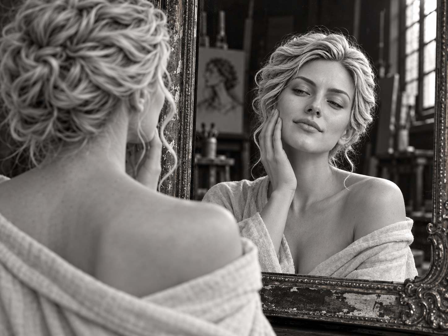 Black and white photo of a woman in a robe smiling at her reflection as she touches her smooth, glowing skin