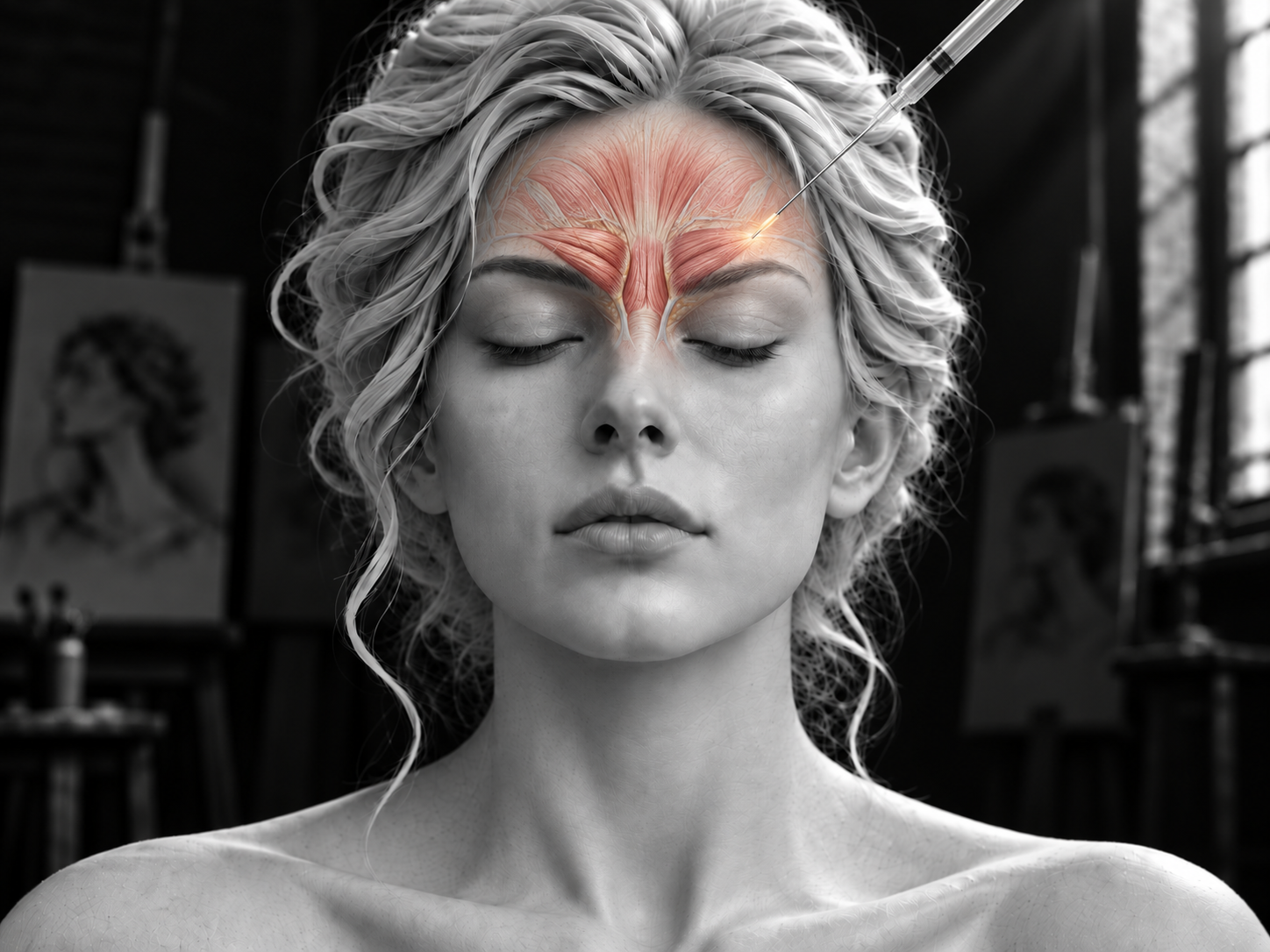 Black and white portrait of a woman with the frown muscles between her brows shown in color and a fine needle placing a neuromodulator into the muscle