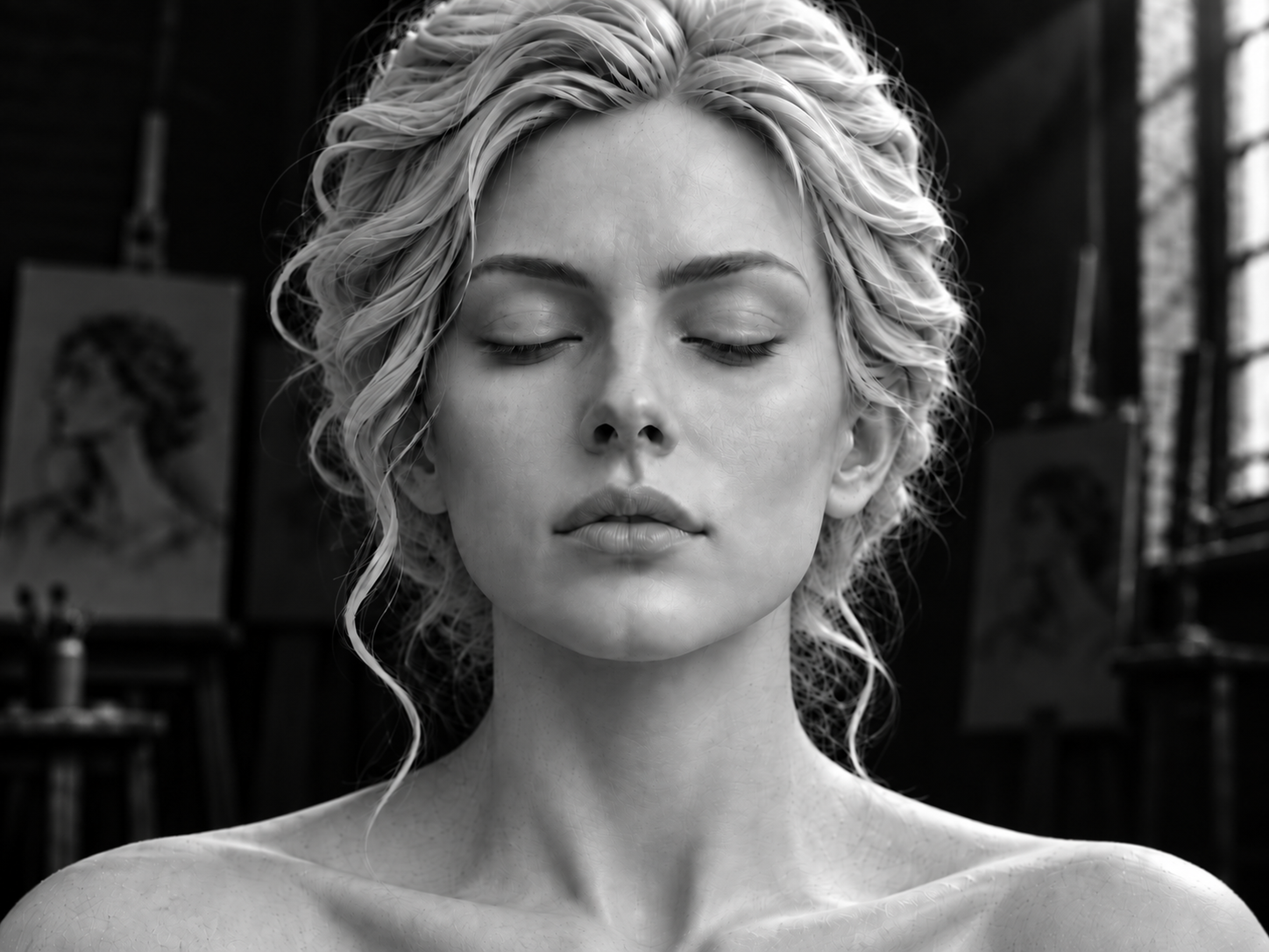 Black and white portrait of a woman with eyes closed, with points marking areas of the face
