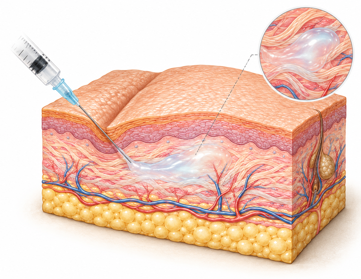 Illustration of a syringe placing clear hyaluronic acid filler in the deep dermis, lifting a crease in the skin surface