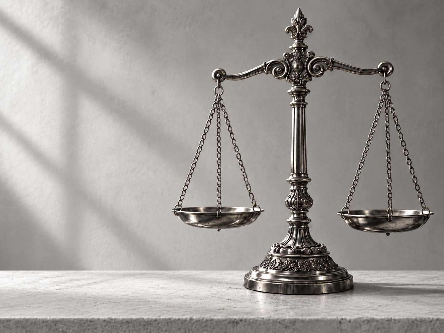 Black and white photo of an antique balance scale with level pans against a plain wall