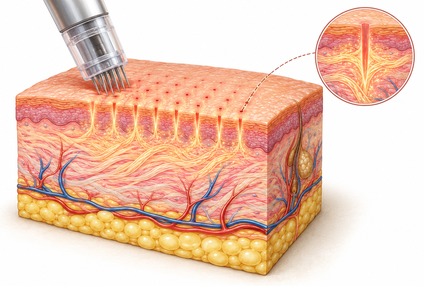 Illustration of a microneedling pen creating tiny channels in the skin, with new collagen forming around each channel
