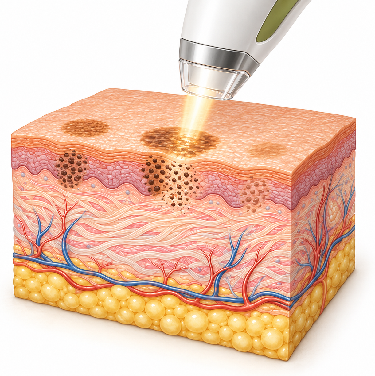 Illustration of a skin cross-section where a laser handpiece breaks up brown pigment beneath a sun spot, next to a spot that has already faded