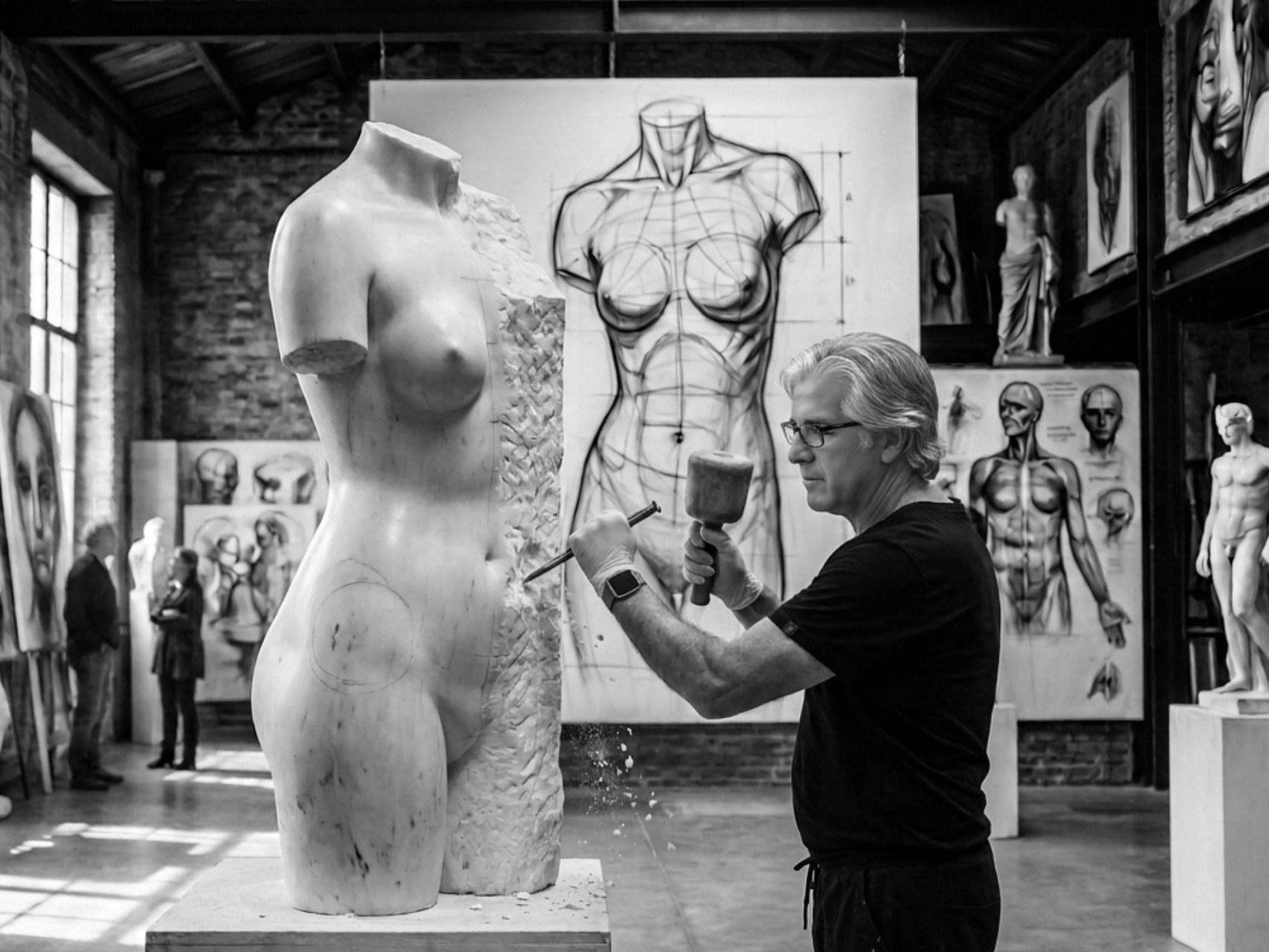 Black and white photo of Dr. Rasi in an artist’s studio, chiseling the unfinished side of a marble torso whose other side is already smoothly contoured