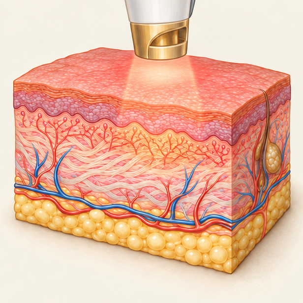Illustration of a laser handpiece hovering above a cross-section of skin, with a soft cone of light reaching tiny capillaries in the upper dermis