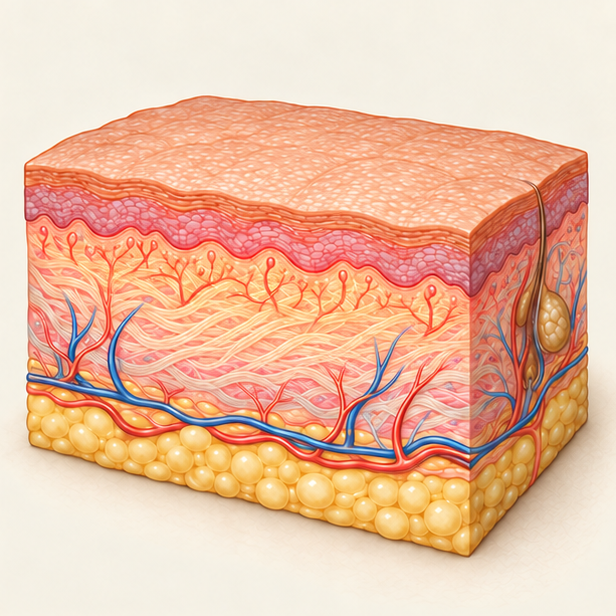 Illustration of tiny capillaries in the upper dermis glowing warm beneath an untouched skin surface