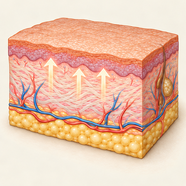 Illustration of fewer, finer capillaries and new collagen strands forming in the dermis, with arrows showing renewal
