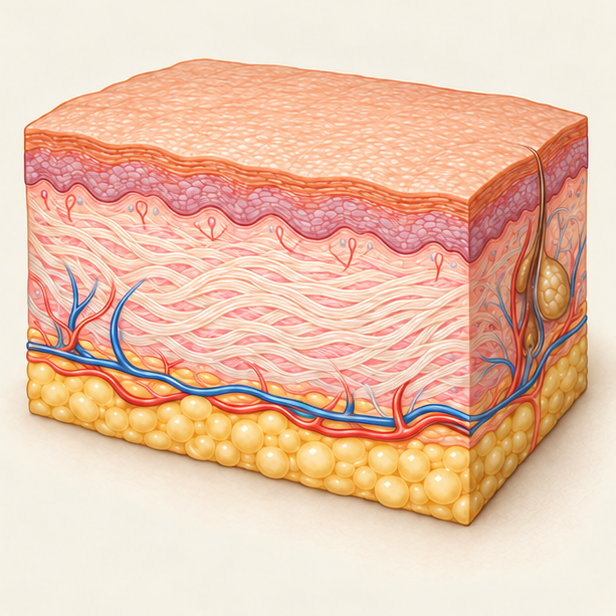 Illustration of healthy skin with a sparse capillary network, even tone and dense collagen
